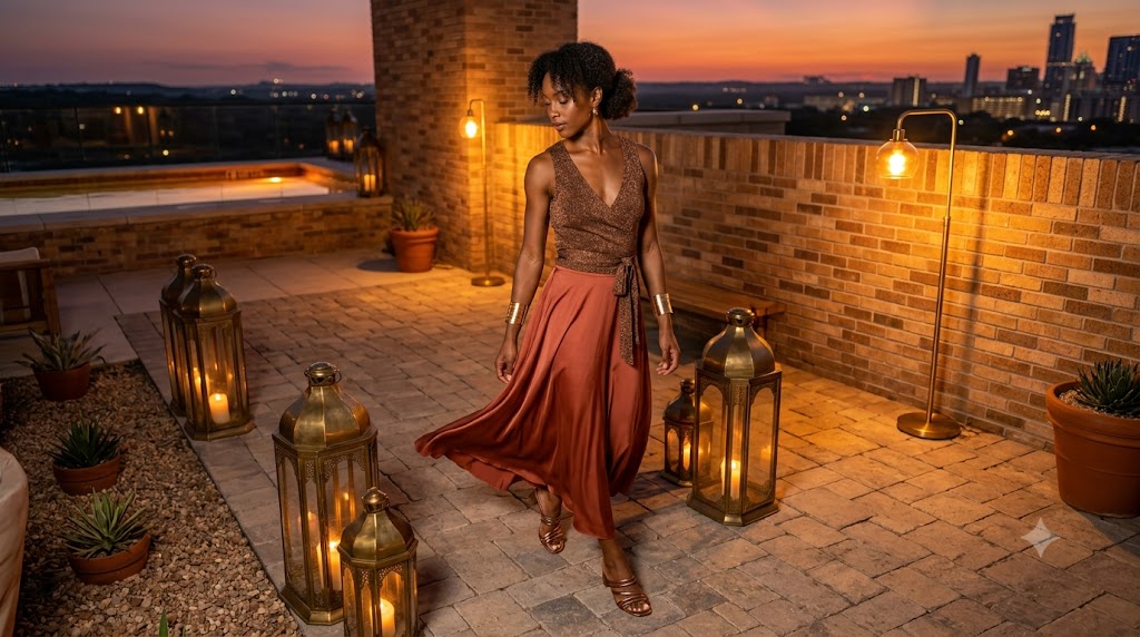 Bronzed Shimmer Wrap Top & Terracotta Silk Skirt
